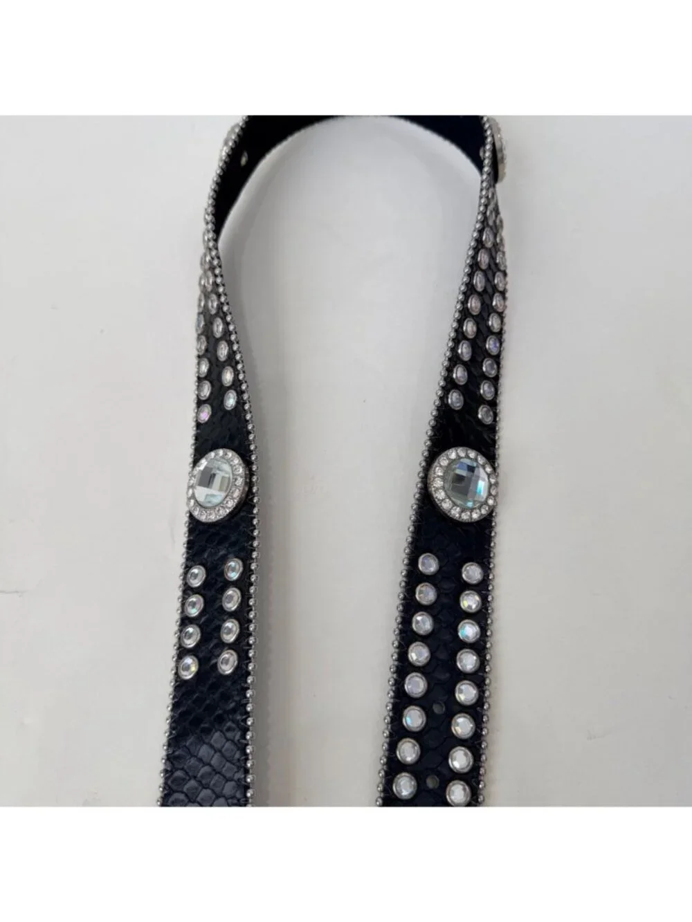 Y2K Western Leather Rhinestone Studded Belt Black Bling Horseshoe Buckle Boho Ro